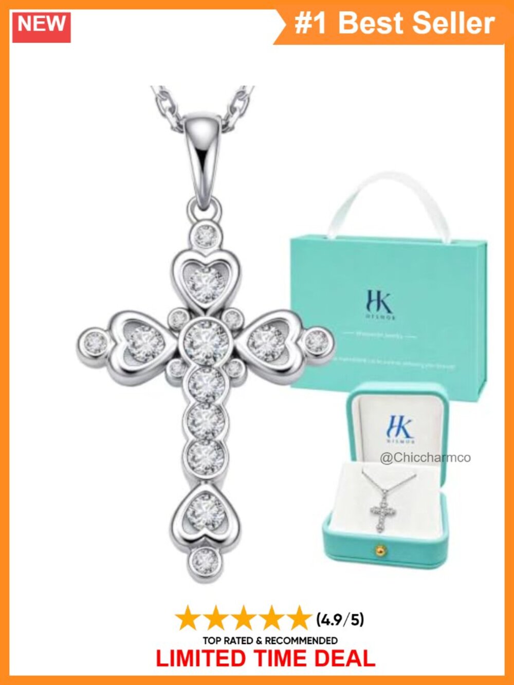 925 Sterling Silver Cross Necklace Reversible Moissanite Heart Pendant Necklace